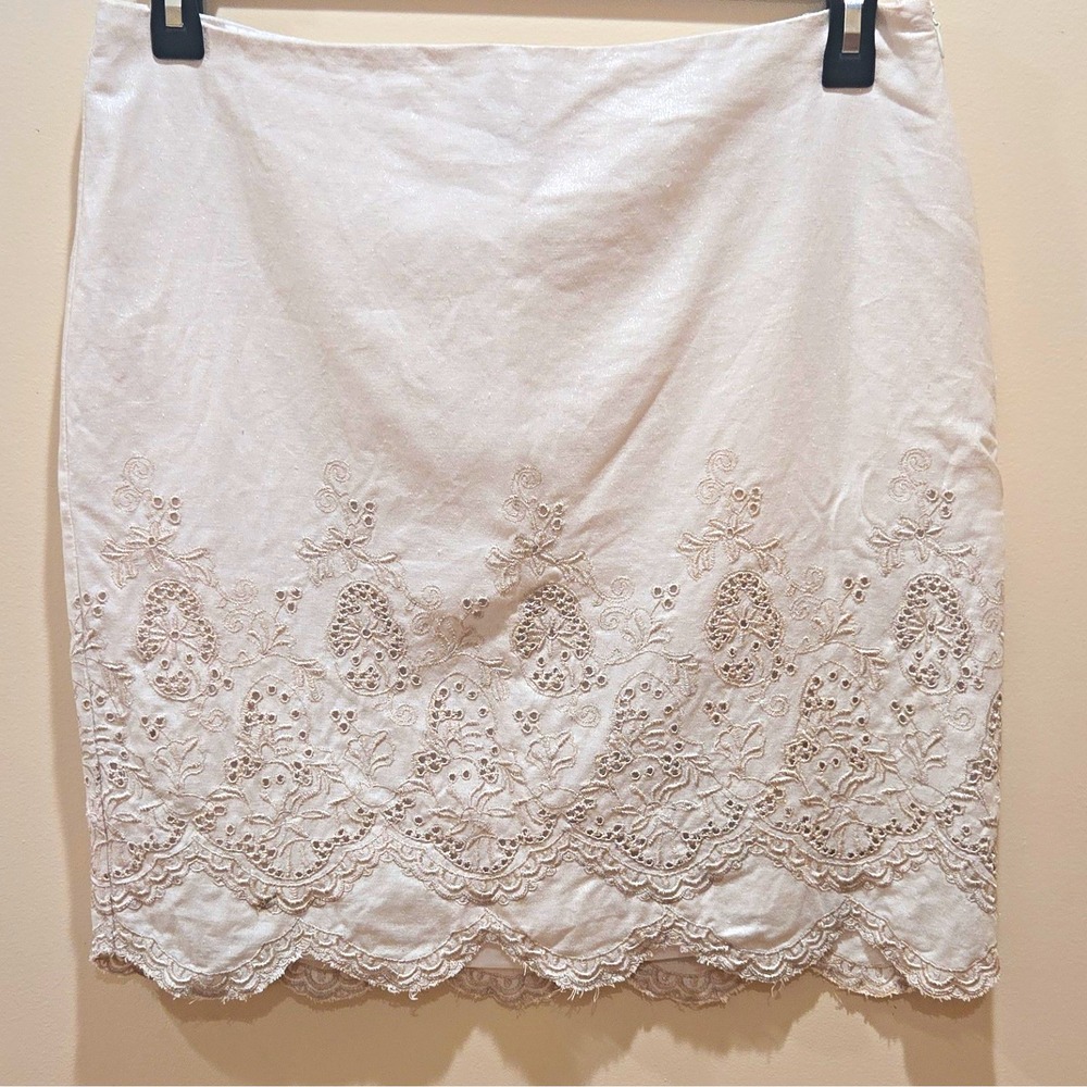 Ann Taylor Linen Blend Ivory Eyelet Floral Embroidered Pencil Skirt Womens 10